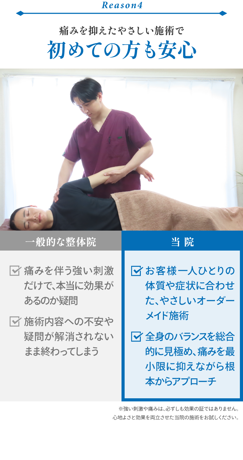 痛みを抑えたやさしい施術で初めての方も安心